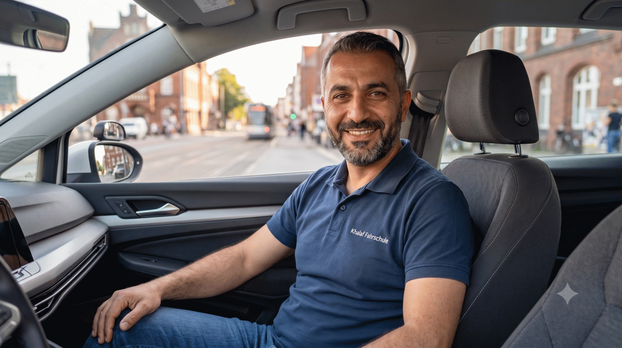 Fahrlehrer im Ausbildungsfahrzeug der Khalaf Fahrschule