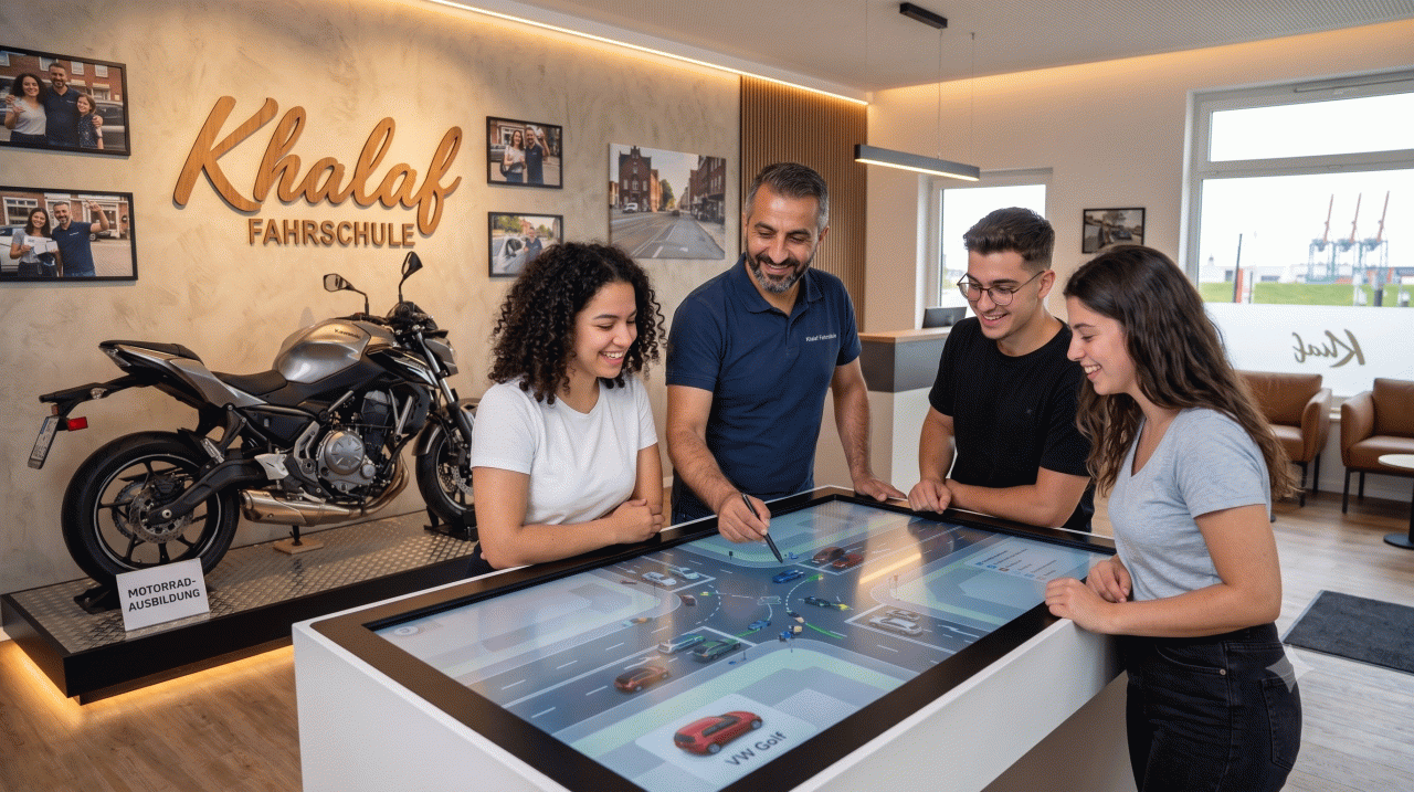 Modernes, interaktives Lernzentrum der Khalaf Fahrschule mit Motorrad-Ausbildung