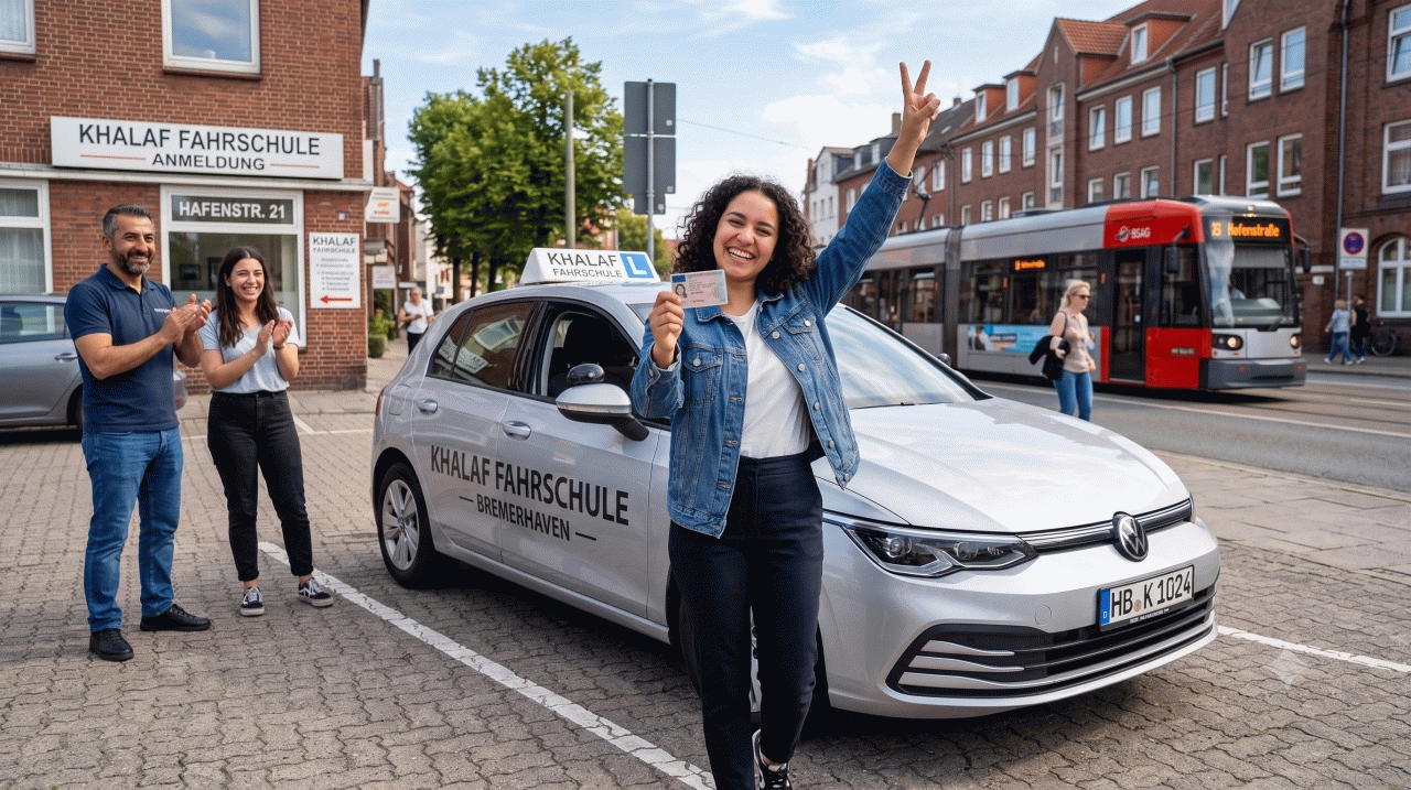 Glückliche Fahrschülerin mit bestandenem Führerschein